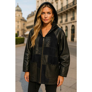 Winlit Leather Patchwork Coat Hood Urban Luxe Quiet Edge Avant-Garde Streetwear